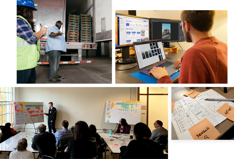A collage of images showing the Supply team working on a project. The images show UX design research, visual production design, strategy, and wireframing for mobile and web applications