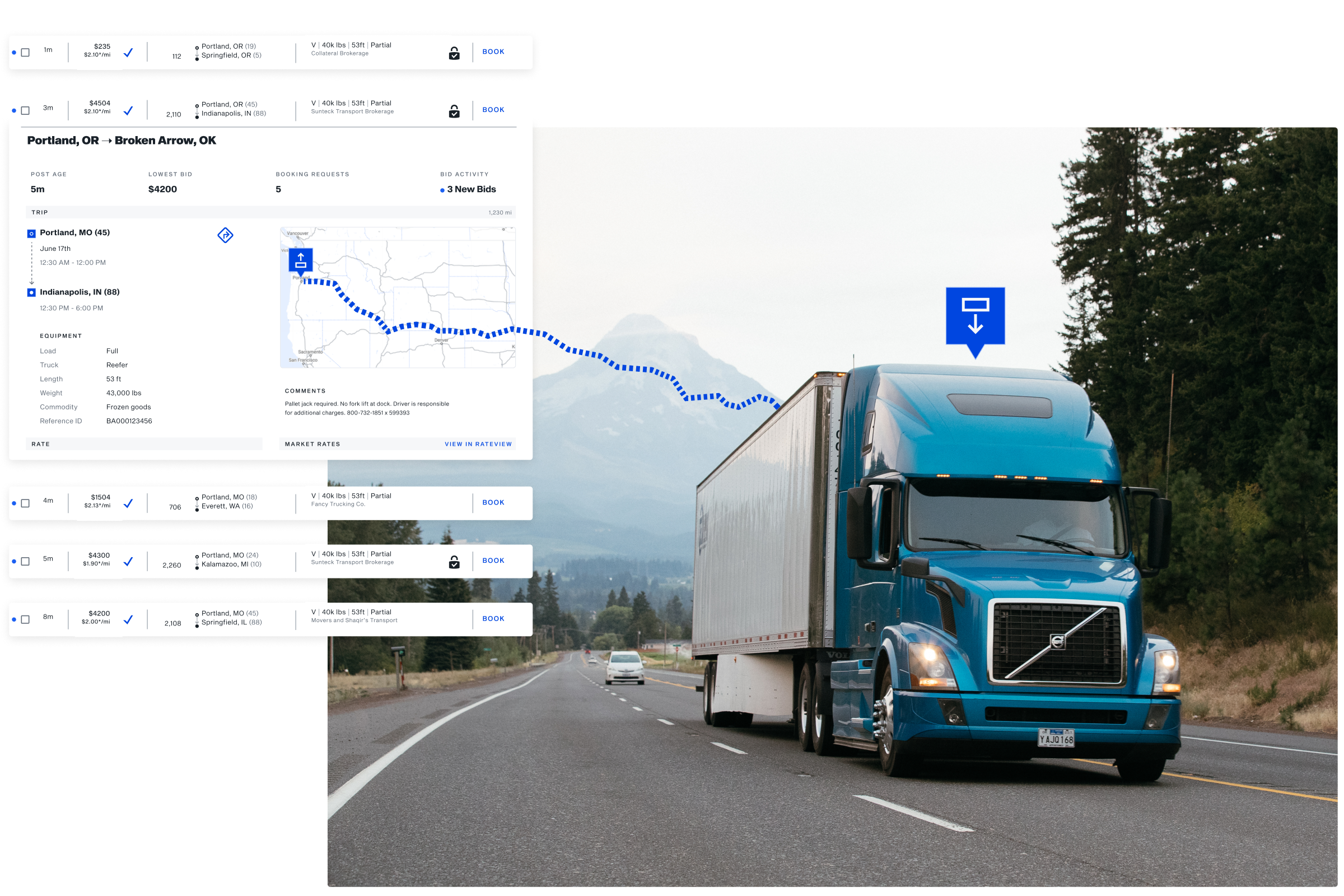 A collage showing a blue semitruck driving through a mountain road, and a screenshot of the web application designed for DAT by Supply.