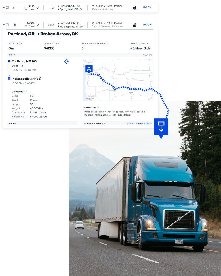 A collage showing a blue semitruck driving through a mountain road, and a screenshot of the web application designed for DAT by Supply.