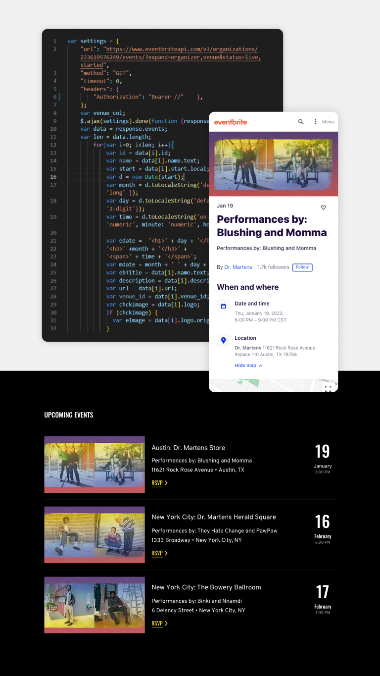 A collage of images showing a code block, a mobile phone with the Eventbrite app, and the web experience for Doc Martens website experience.