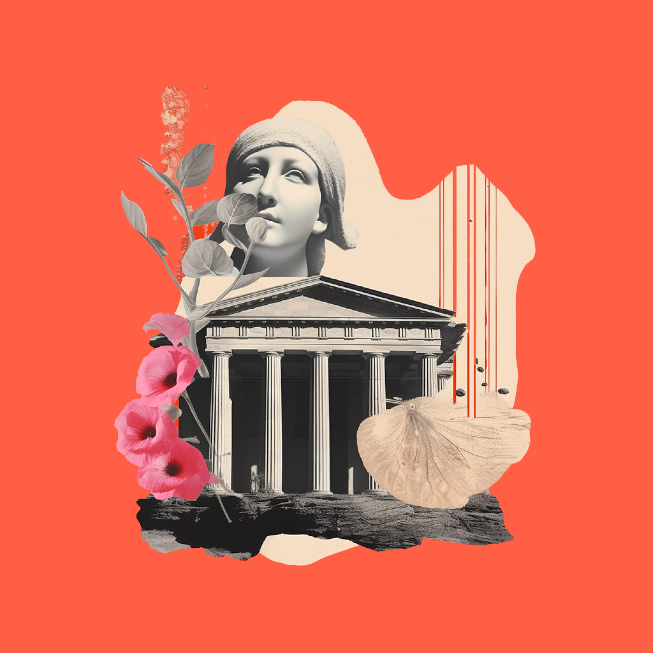 In the midst of an orange background, a historical figure crafted in stone, embellished with delicate floral elements, stands proudly on a beige platform before a bank cut-out.