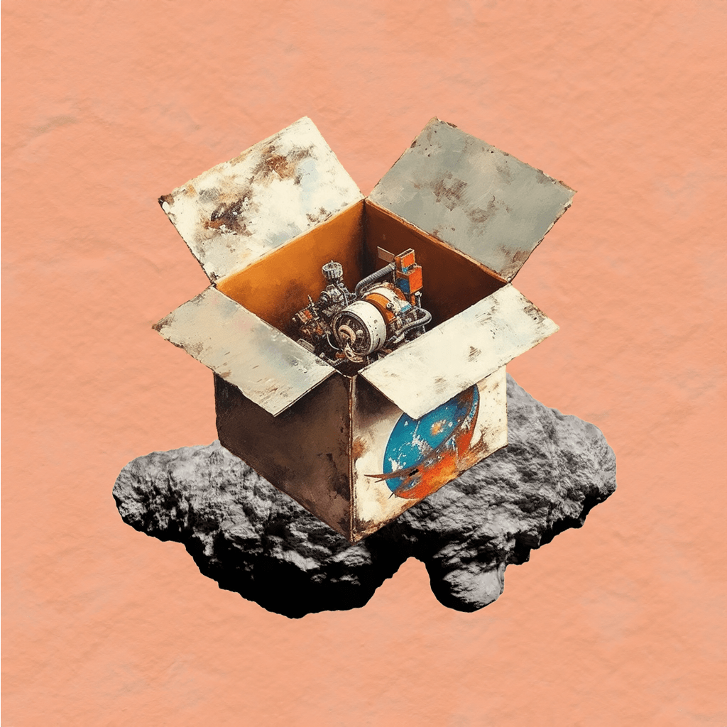 Displayed on a peach background is an image of a box resting atop a floating rock.