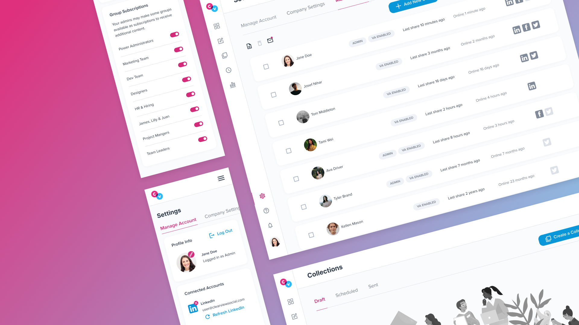 A collection of UI screens for both mobile and desktop sit in a grid at an angle over a colorful gradient.