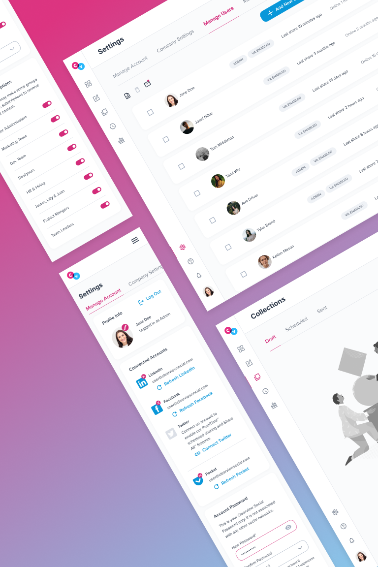 A grid of UI screens sits on top of a colorful gradient
